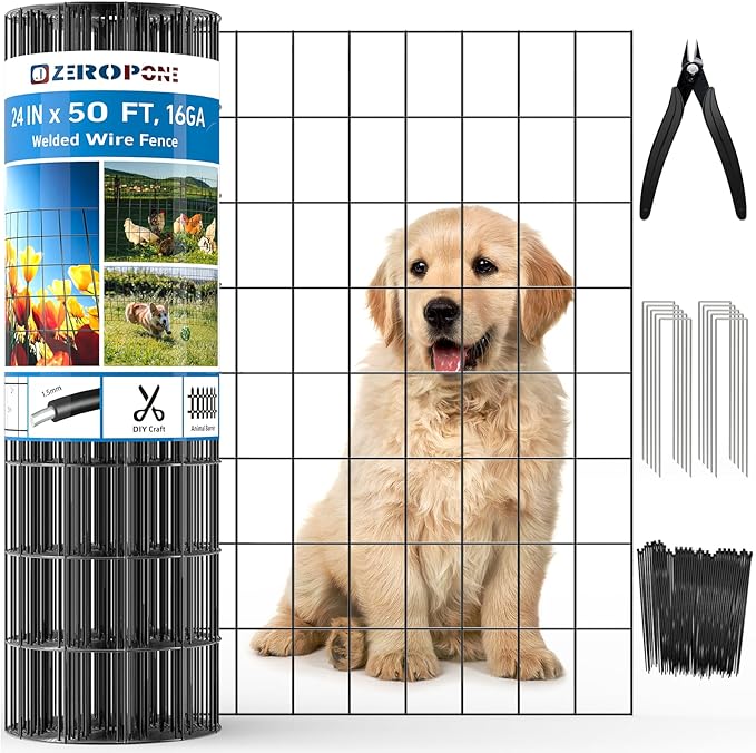 Black PVC Coated Welded Wire Fence 24 Inch x 50 Foot, 2 x 3 Inch 16GA Garden Border Fencing Roll Metal Wire Mesh Animal Barrier Fence for Yard Plant Vegetable Protection Dog Poultry Netting