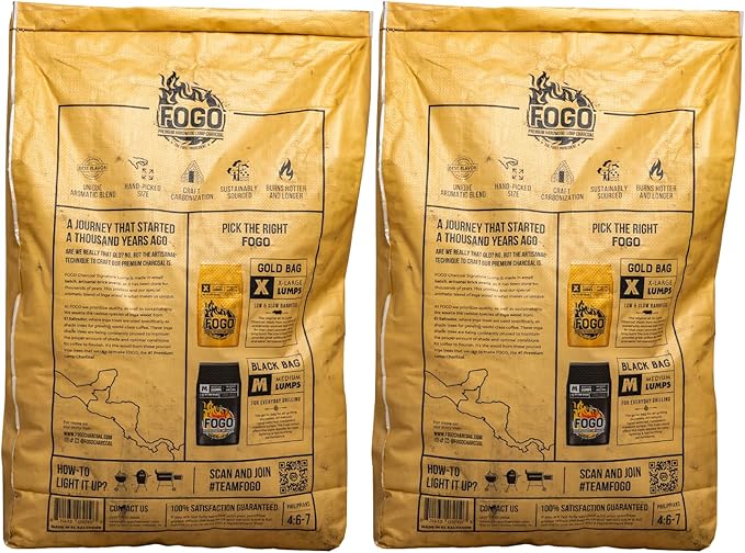 FOGO Super Premium Hardwood Lump Charcoal, Natural, Large Sized Lump Charcoal for Grilling and Smoking, Restaurant Quality, 17.6 Pound Bag, 2-Pack