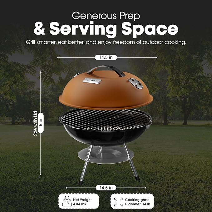 GasOne CG-14T – 14-inch Portable Barbecue Grill with 3-Point Locking Lid for Heat Preservation – Dual Venting System – Small Charcoal Grill for Backyard, Camping, Boat