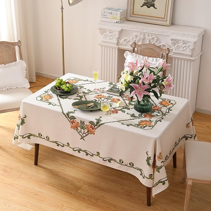 patdrea Designer Vintage Linen Rectangle Tablecloth,French Floral Tablecloths,Wrinkle Free Table Cloth,Decorative Table Cover Cloth for Kitchen,Dining,Tea Party,Home,Christmas,63"*94"