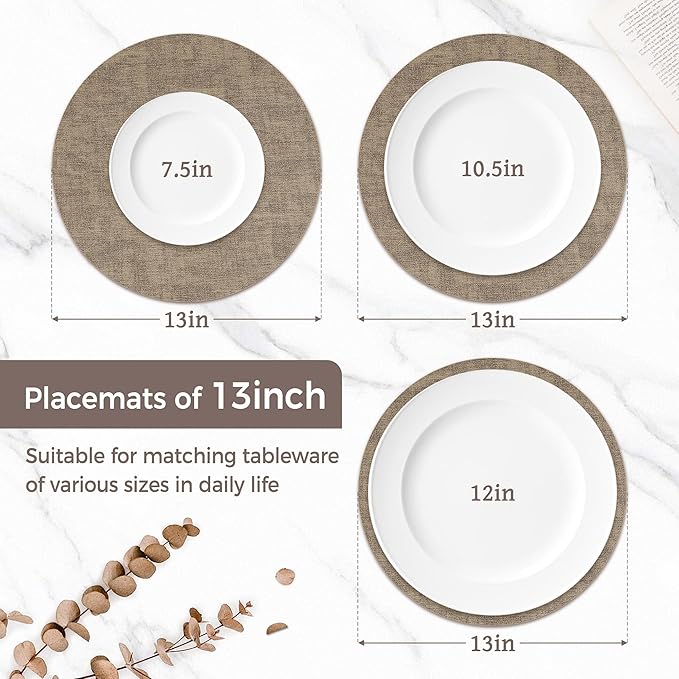 13" Round Placemats Set of 12, Reversible Faux Leather Heat Resistant Table Mats, 100% Waterproof Oilproof Wipeable Table Protective Placemats for Vinyl, Washable for Indoor (12, Light Coffee)
