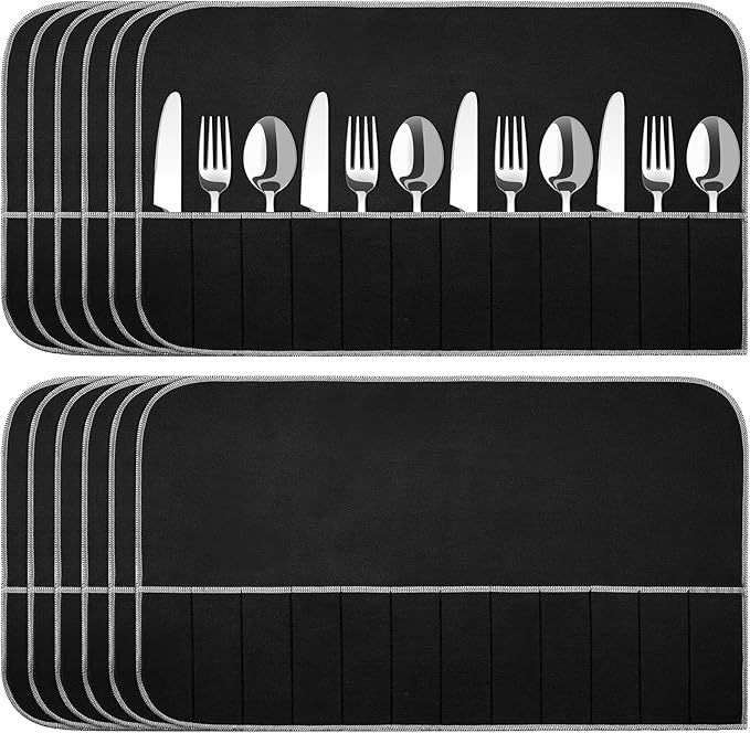 Hillban 12 Pcs Anti Tarnish Silver Storage Bags Silver Storage Cloth Felt Flatware Organizer Anti Tarnish Protector Bags Place Setting Roll with White Ribbon for Kitchen Cutlery (12 Slots,Black)