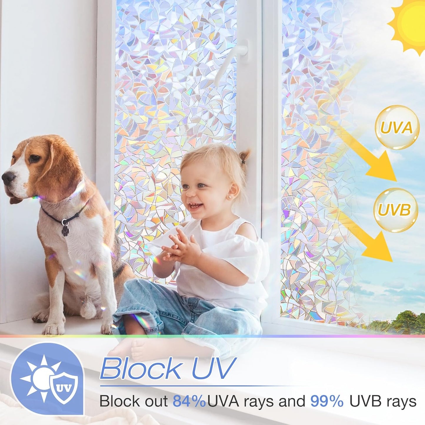 Homein Window Privacy Film, Rainbow Window Film Decorative 3D Window Clings Non Adhesive Window Tint for Home, Stained Glass Window Film for Glass, UV Blocking, 17.5 x 78.7 inches