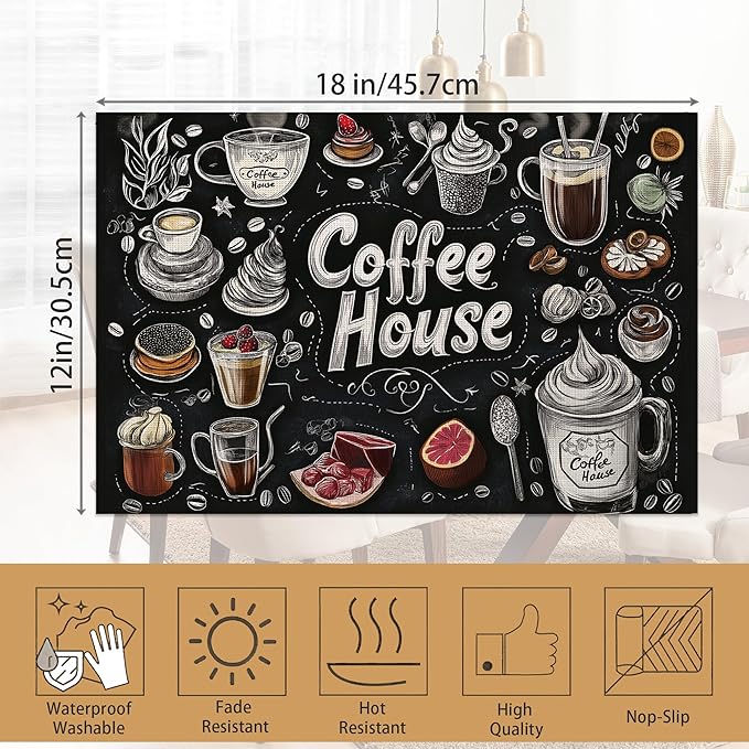 Coffee House Placemats Set of 6,Coffee Menu Table Mates Non-Slip Heat Resistant Washable Linen Place Mats for Party Kitchen Dining Decoration Indoor Outdoor 12"x18"