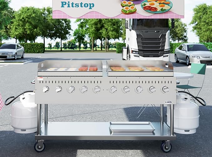 72 in. 10-Burner Commercial Outdoor Propane Gas Grill with Two 36 in. Griddles in Stainless-Steel, ETL Listed (CGKIT7-G36G36)