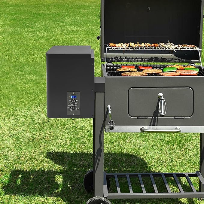 Electric Wood Pellet Smoker Grill Part, 250W 180℉ -500℉ Vertical Pellet Smoker Hopper Assembly Kit with Dual-Functional Wind Mechanism and LED Visual Feedback Screen