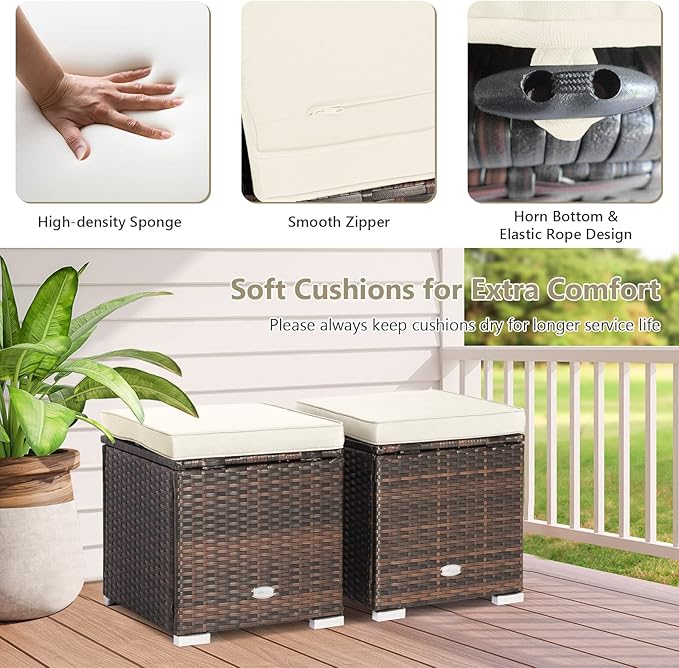 Tangkula 2 Pieces Patio Ottomans, Patiojoy Hand-Woven PE Rattan Side Table with Removable Cushion & Hidden Storage Space, Multifunctional Storage Box, Seat for Patio, Backyard, Poolside (Off White)