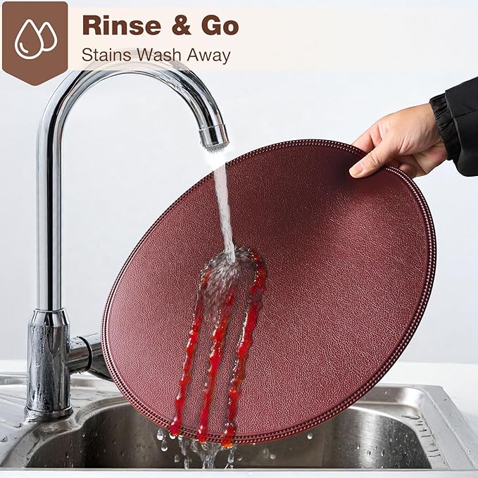 Round Vinyl Burgundy Placemats Set of 6, Faux Leather Waterproof Wipeable Heat Resistant Place Mats, Washable Table Mats for Halloween, Thanksgiving & Christmas Dinner(Burgundy)
