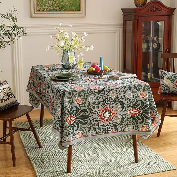 ISAENNE Designer Bohemian Linen Green Small Square Tablecloth,Floral Indoor Table Cloth,Stain Resistant Decor Tablecloths for Dining Thanksgiving Kitchen Party Christmas,55"*55"-Naples