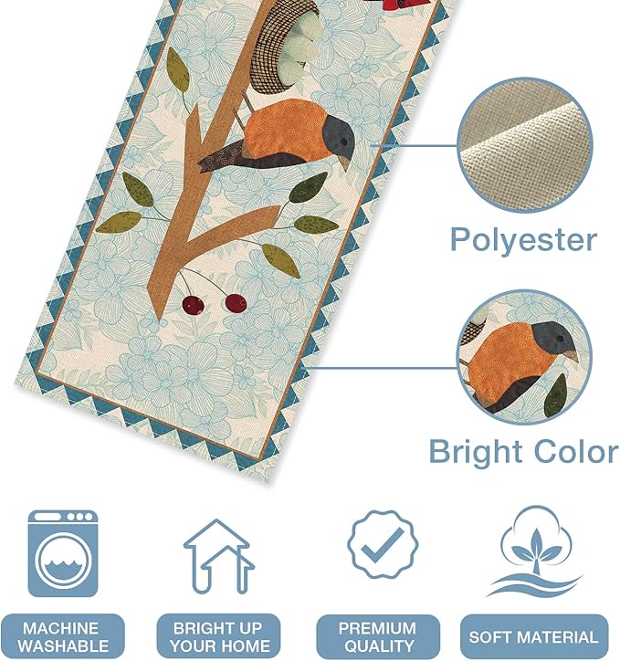 Seliem Spring Summer Birds Blue Table Runner, Cardinal Chickadee Bluebird Branch Red Berry Kitchen Dining Table Decor, Flower Nest Egg Burlap Home Decoration Indoor Outdoor Party Supply 13 x 36 Inches