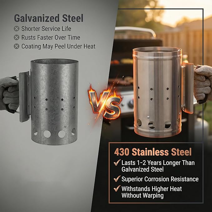 Charcoal Chimney Starter, BBQ Grill Quick Rapid Fire Starter Chimney for Outdoor Barbecue Cooking Camping, Sturdy and Easy to Use, Stainless Steel（10.62" x 6.3"）