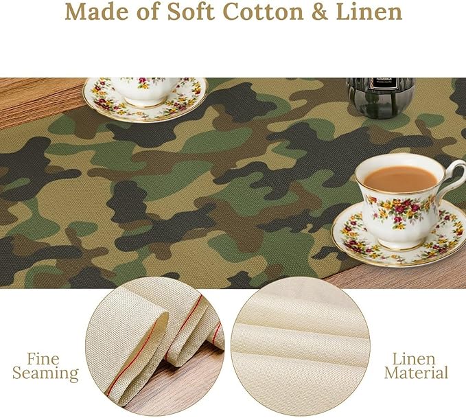 Camo Table Runner, Military Camouflage Coast Guard Force Soldier Hunting Themed Table Runner for Holiday Birthday Party Home Kitchen 13x90in