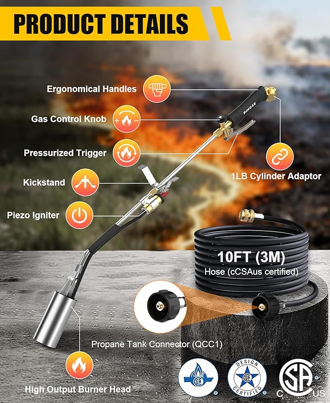 Propane Torch Weed Burner - 2,400,000 BTU Heavy Duty Blow Torch with Igniter & 10FT Hose, Flamethrower with 1LB Cylinder Adapter & Flame Control/Turbo Trigger for Weeding Wood Ice Snow Roof BBQ
