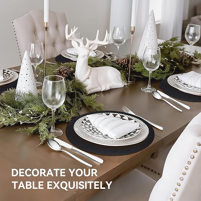 13" Round Placemats Set of 6, Reversible Faux Leather Heat Resistant Table Mats, 100% Waterproof Oilproof Wipeable Table Protective Placemats for Vinyl, Washable for Indoor (6, Black)