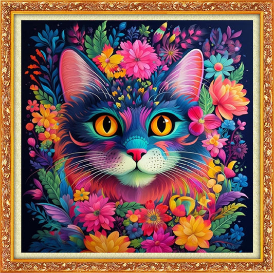 Foxhool Beginners Cross Stitch Kits Stamped Full Range of Embroidery Kits for Adults DIY Cross Stitches kit Embroidery Patterns for Needlepoint kit-Colorful Flower Cat 17.7x17.7 inch