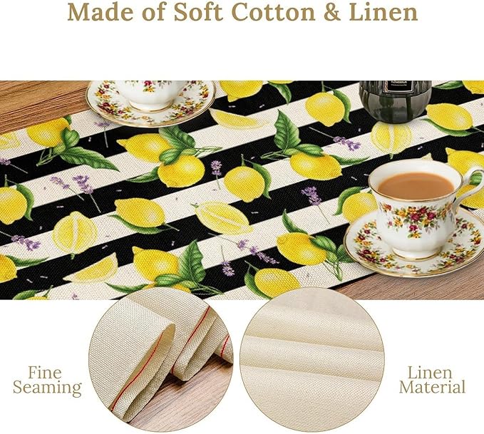 Farmhouse Lemon Fruit Table Runner Nature Aesthetic Black White Stripe Flowers Plant Dining Table Decoration for Home Holiday Party Dresser Kitchen Cabin Restaurant Wedding Decor 13×70in