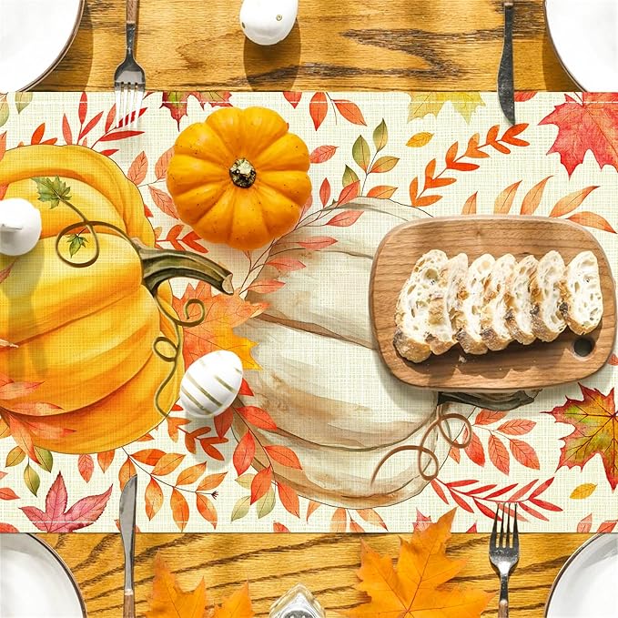 Pumpkin Fall Table Runner, Maple Leaf Autumn Thanksgiving Kitchen Table Decorations for Home Party Decor 13×72 Inches