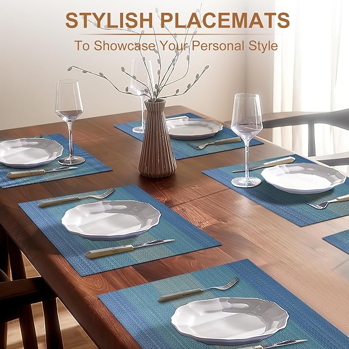 BETEAM Placemats Set of 6, Woven Vinyl Placemat for Dining Table Washable Wipeable Kitchen Place Mats Durable Indoor Outdoor Table Mats