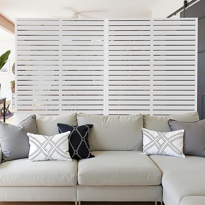 Metal Privacy Screen for Outdoor & Indoor Use, Free Standing Privacy Screen for Patio Garden Pool, 72" H x 47" W Decoative Privacy Panels, Weather Resistant, Easy Assembly (White Louvered)