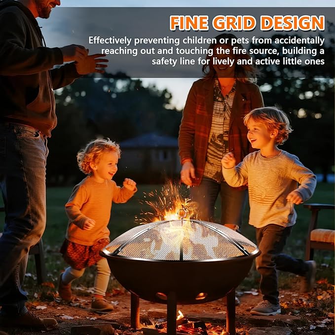22Inch Fire Pit Spark Screen,Stainless Steel Fire Pit Screen Cover with Handle&Poker,Outdoor Fire Pit Screen Cover Round Mesh Lid Heavy-Duty for Backyard/Beach/RV Camping