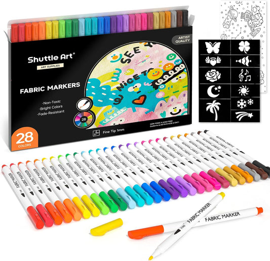 Shuttle Art 28 Colors Fabric Markers, Shirt Permanent Markers for Clothes Sneakers Jeans with 11 Stencils 1 Fabric Sheet, Fabric Pens for Kids Adult Painting Writing