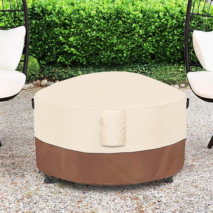 Fire Pit Cover,Outdoor Heavy Duty 600D 100% Waterproof Fire Pit Cover Round,Weatherproof Firepit Covers Round 36" Dia x 24" H,Beige & Brown