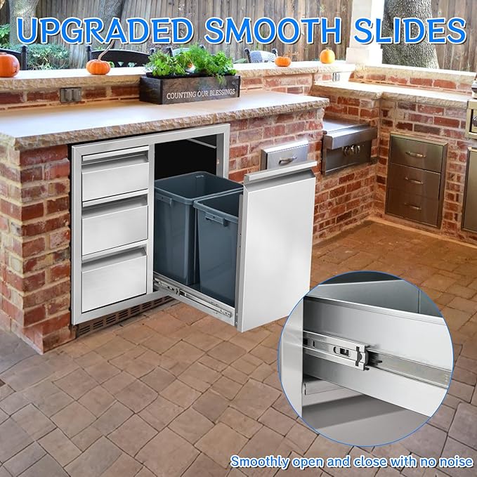 Outdoor Kitchen Drawer Combo, Stainless Steel Triple Drawer Cabinet with Built-in Trash Bin Drawer & Two Trash Cans, 28" W x 22" H x 19.5" D Outdoor Kitchen Storage for BBQ Grill Islands