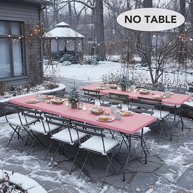 LUSHVIDA 6 Packs Vinyl Tablecloths with Flannel Backing for 8ft Rectangle Folding Table Cloths - Waterproof Plastic Picnic Table Covers with Elastic Corners, 30x96 inch, Pink
