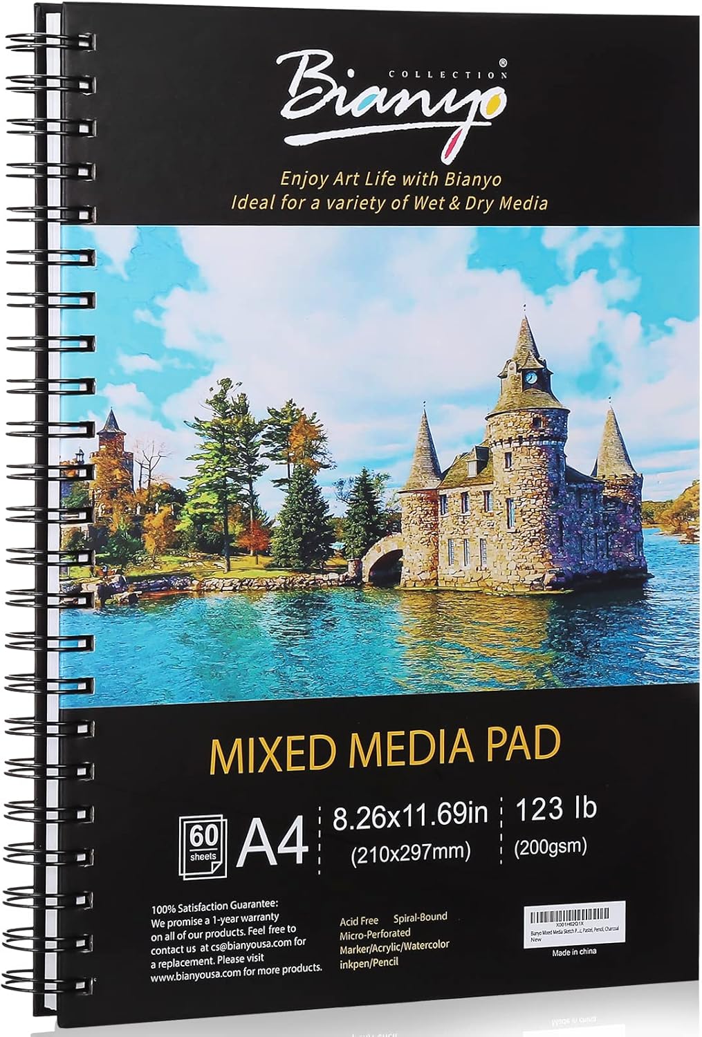 Bianyo Mixed Media Paper Pad, A4 (8.26" X 11.69"), 60 Sheets/Each, 123 LB/200 GSM, Pack of 1 Pad, Spiral-Bound Pad, Ideal for Wet & Dry Media Like Art Marker, Watercolor, Acrylic, Pastel, Pencil