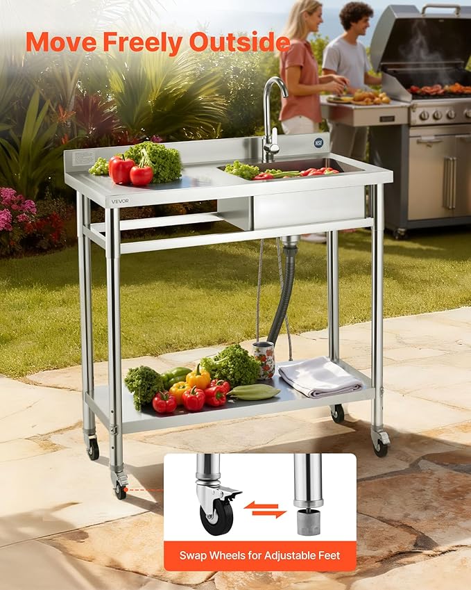 VEVOR Stainless Steel Utility Sink, Rolling Single Bowl Commercial Kitchen Sink with Wheels,Faucet and Hot & Cold Water Pipe,Utility Basin Workbench for Garage Restaurant Laundry 39.4 x 19.7 x 41.5 in