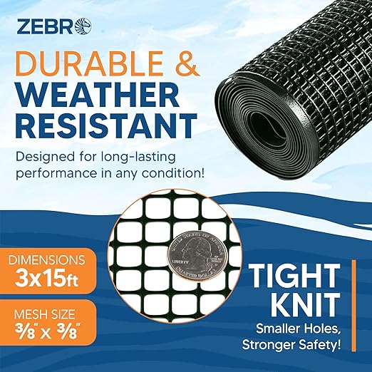 ZEBRO Plastic Hardware Mesh Screen & Fence Roll (2' x 15' - Green) - Plastic Indoor or Outdoor Balcony, Patio & Porch Netting - Safety Barrier Plastic Fence to Protect Pets & Kids Around The Home