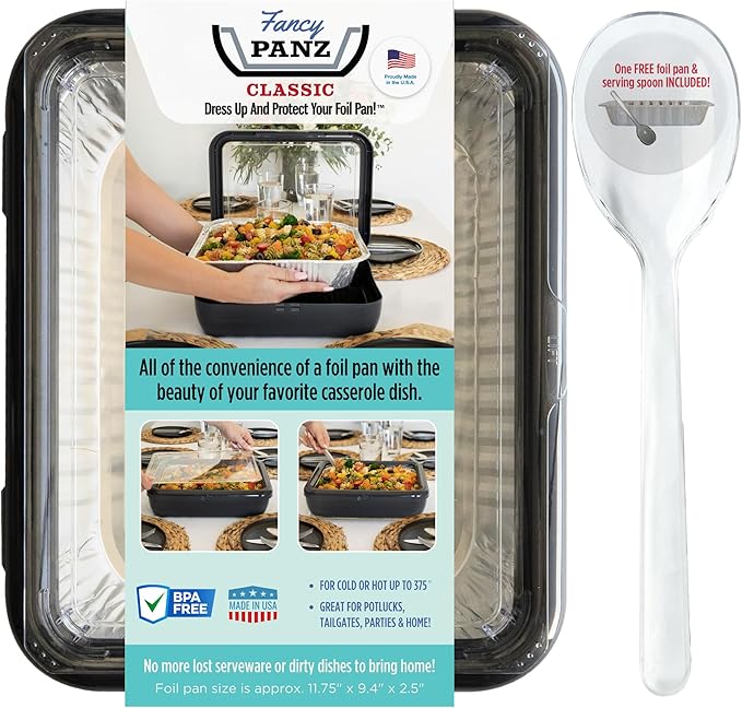Fancy Panz - Charcoal Classic Aluminum Foil Pan Carrier with Lid - Elevated Food Serving Tray - Portable Casserole Carrier with Lid - Made in The USA Hosting Essentials