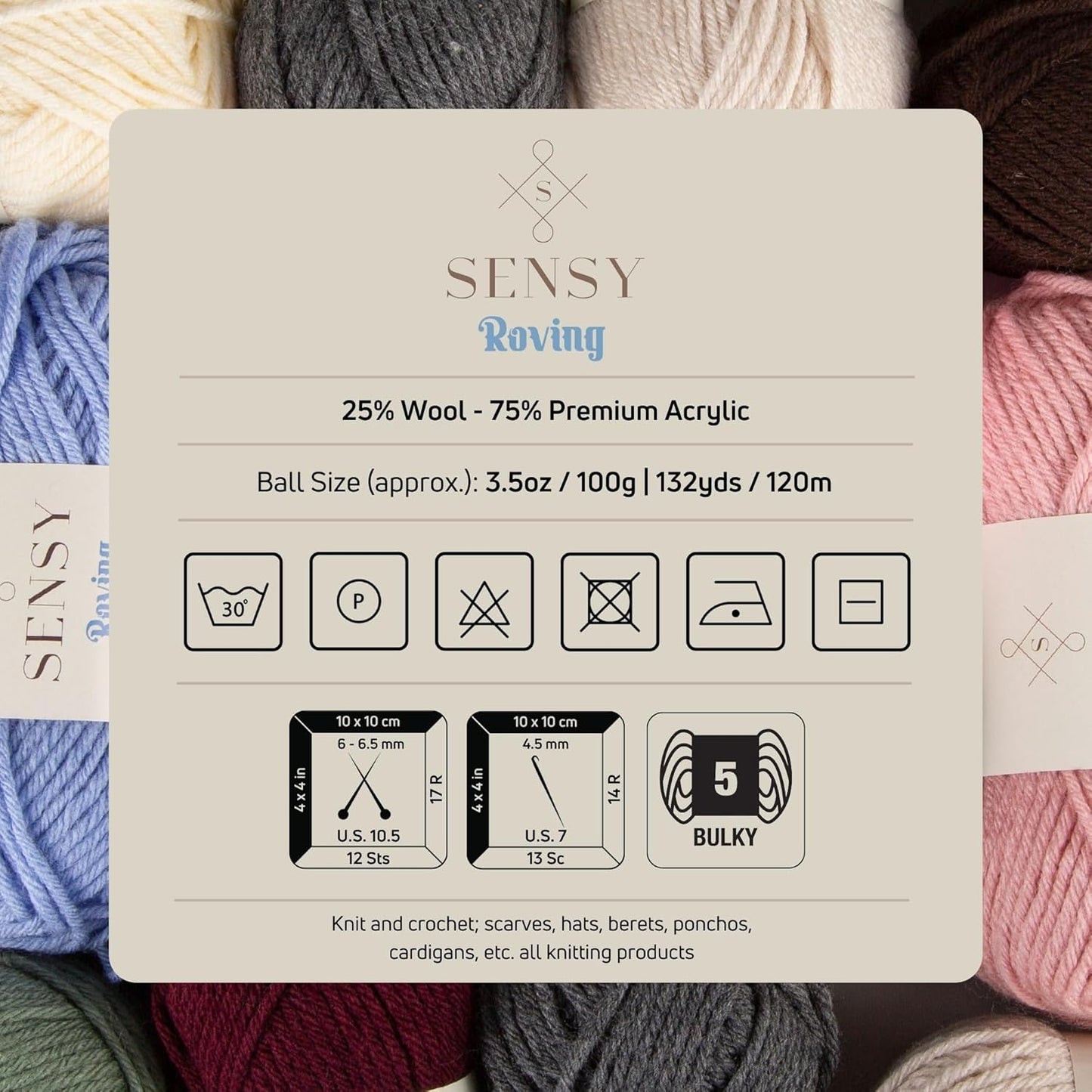 3 Skeins of Sensy Roving Yarn, 3.5 oz, 132 Yards, Gauge 5 Bulky (White)