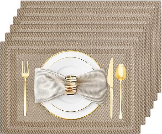 Placemats Set of 6 Washable&Wipeable Place mats for Dining Table Kitchen Indoor Outdoor Table Mats Heat Resistant Non Slip Woven Vinyl Table Placemats (Khaki，6PCS)