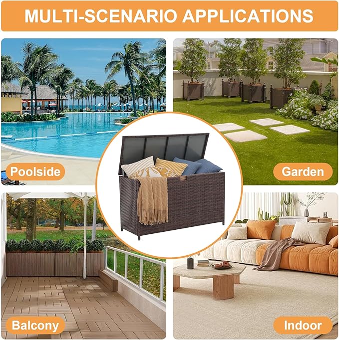 Super Patio Wicker Outdoor Patio Storage Box Waterproof, 120 Gallon Large Deck Box Rattan Storage Bin for Cushions, Garden Tools, Pool, Brown
