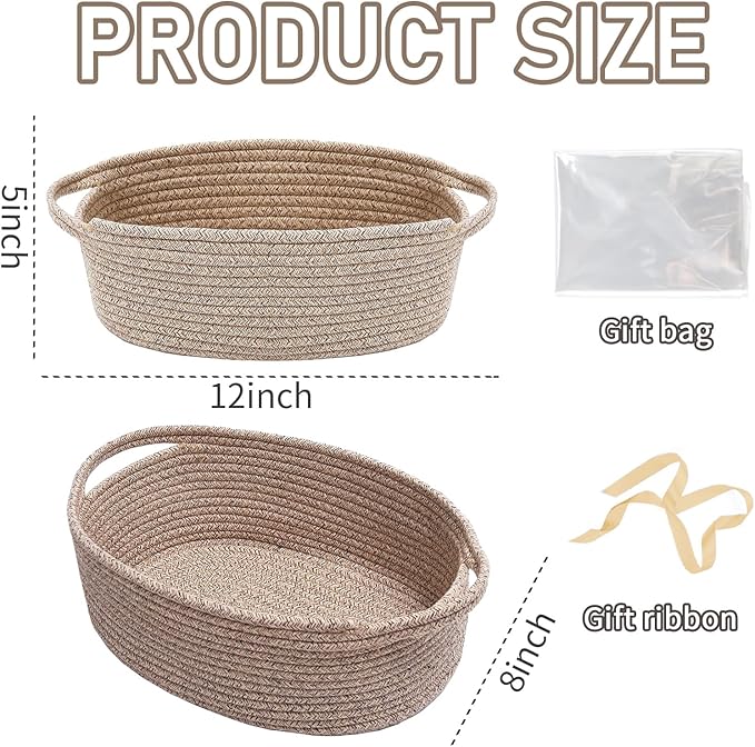 Woven Basket,Small Rope Storage Bin with Handles & Ribbon Bag, Organizer for Shelves Closets,Gift Basket Empty for Birthday,Books,Dog Toys,Oatmeal/3 Pack