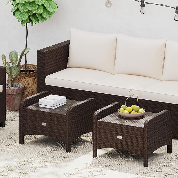 Tangkula 2 Pieces Outdoor Patio PE Wicker Ottomans with Removable Cushions, Outdoor Furniture for Additional Seating, Footrest and Side Table, Outdoor Footstools for Porch, Garden and Backyard