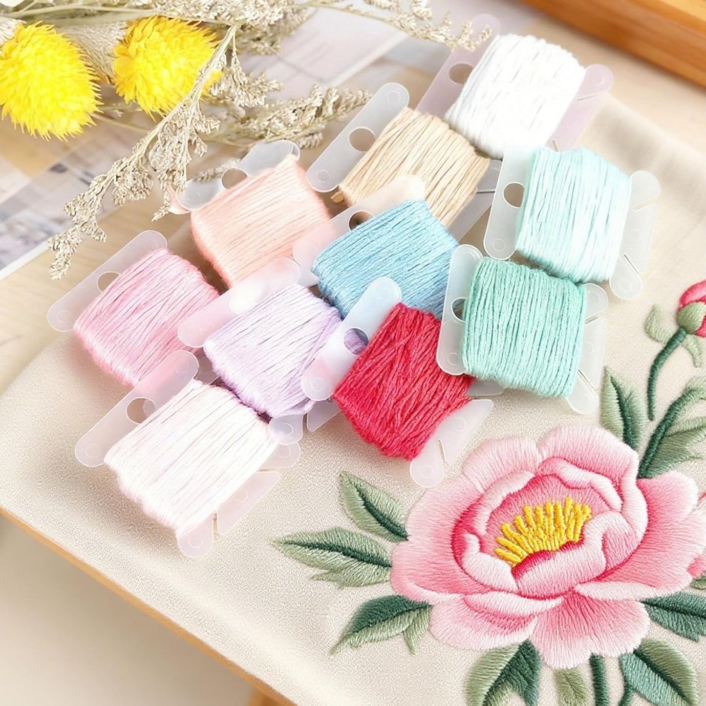 Embroidery Floss Organizer with 24 Compartments - Cross Stitch Thread Storage Box Includes 100 Plastic Bobbins, Stickers, Bobbin Winder for DIY Sewing Crafts