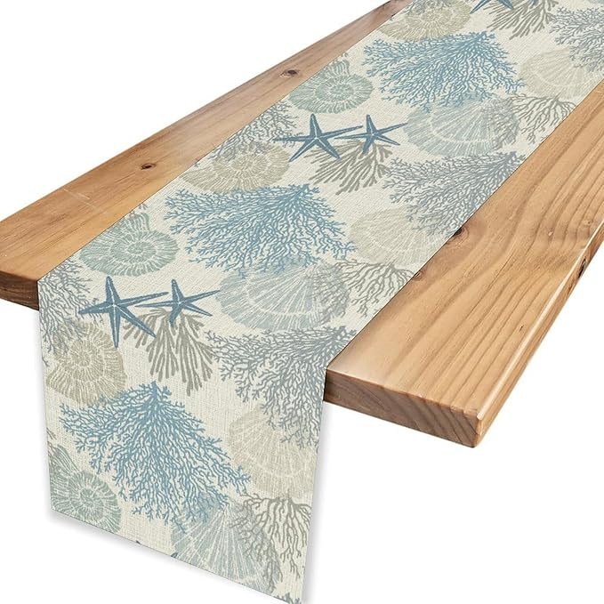 Nautical Table Runner, Summer Coastal Starfish Seashells Coral Tropical Ocean Beach Blue Farmhouse Coffee Table Center Decor for Home Kitchen Dining Patio Indoor Outdoor Table Decorations, 13"x36"