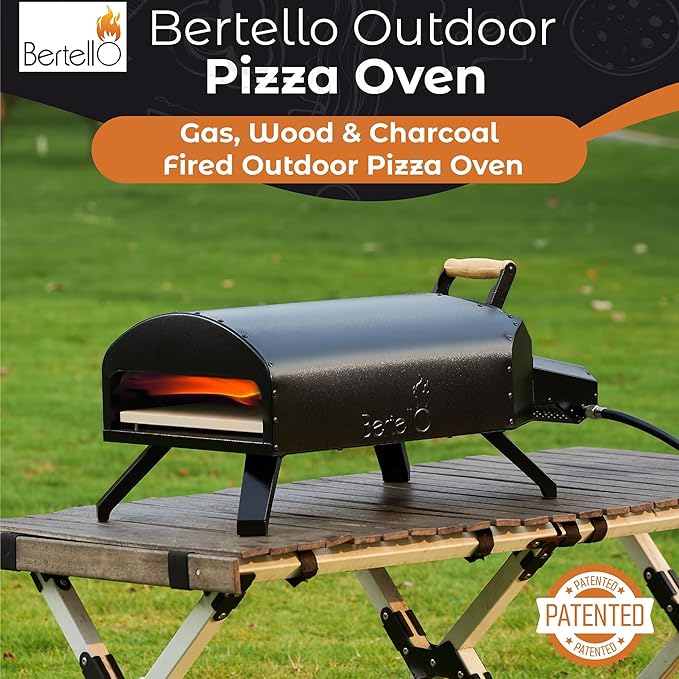 Bertello SimulFIRE Outdoor Pizza Oven Bundle - Wood Fire Portable 12 inch Brick Oven with Gas Burner, Peel, Wood Tray, Cover, & Thermometer - Portable Pizza Maker - As Seen on SHARK TANK