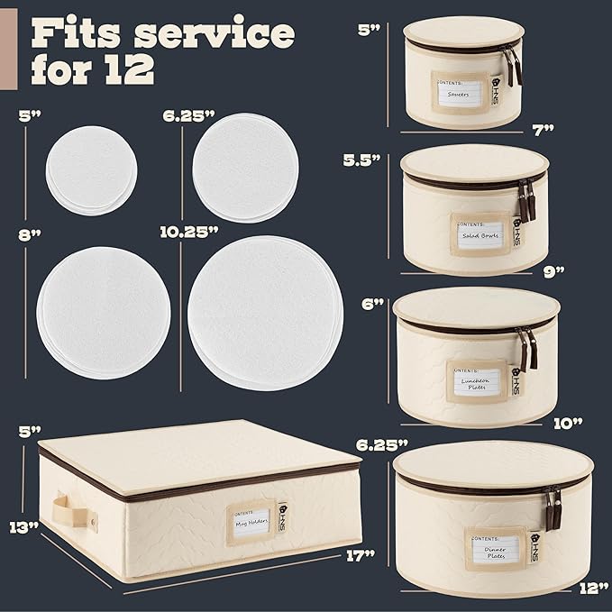 China Storage Hard Shell Containers 5-Piece Set Moving Boxes for Dinnerware, Glasses, Plates, Mugs and Saucers Sturdy Dish Organizer with Dividers for Seasonal Storage - Service for 12 - Beige Quilted