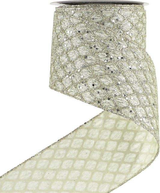 HUIHUANG Champagne Wired Ribbon 4 inch Glitter Christmas Tree Ribbon Diamond Mesh Wire Ribbon for X-mas Tree Decorations, Wreaths, Garland, Large Bows Making, Wedding Decor -10 Yards