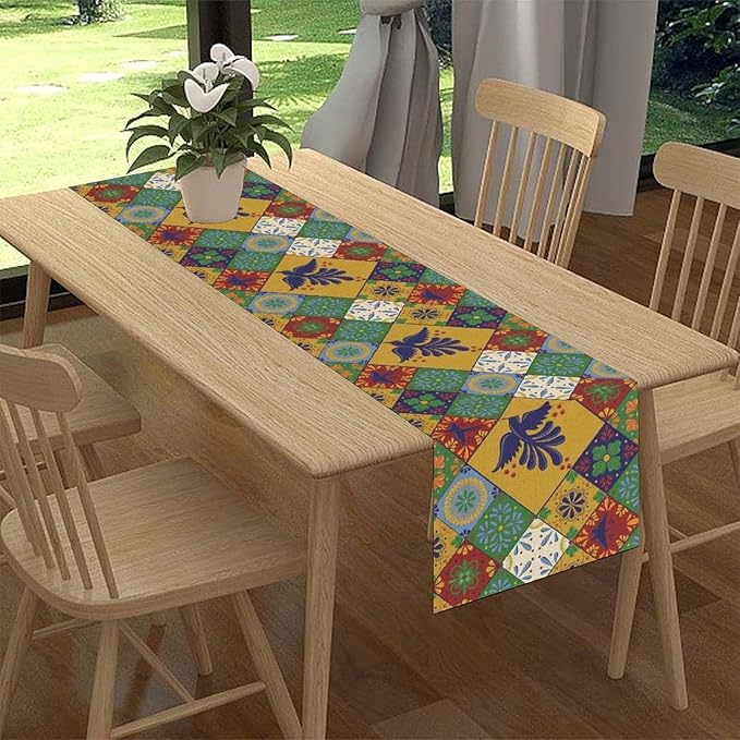Mexican Table Runner, Orange Floral Birds Mexico Talavera Ceramic Dia De Los Muertos Coffee Table Center Decor for Family Home Kitchen and Dining Farmhouse Indoor Outdoor Table Decorations, 13" X 36"