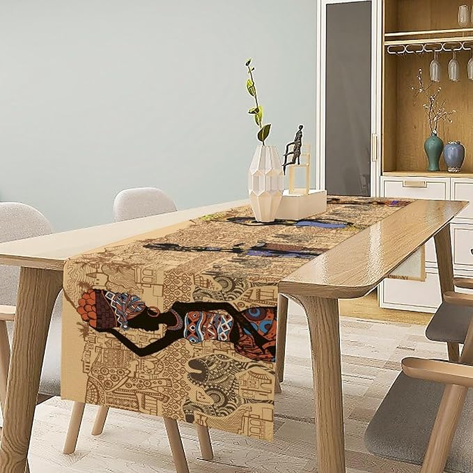 African Black Woman Table Runners, American Art Ethnic Tribe Elephant Table Runners for Wedding Party Banquet Dinner Kitchen Coffee 13x60in
