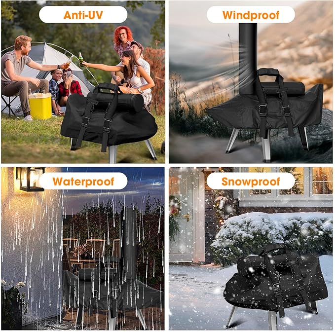 Carry Cover for Ooni Karu 12, Waterproof Pizza Oven Grill Cover with Chimney Bag for Outdoor, Heavy Duty Portable Outside Dust Pizza Oven Accessories with Adjustable Straps Easy to Clean, Black