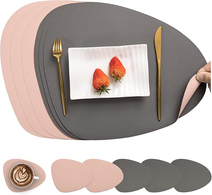 Myir JUN Placemats, Dual-Sided Placemats Waterproof Faux Leather Placemats Set of 6 Place Mats and Coasters Non-Slip Washable Table Mats for Dining Table (Gray Pink, Set of 6)