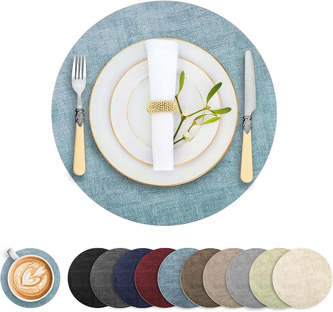 Round Faux Leather Placemats and Coasters, Set of 4, Reversible Heat Resistant Non-Slip Table Mats, Waterproof Wipeable Place Mats for Dining Table, Washable for Indoor & Outdoor (4, Blue)