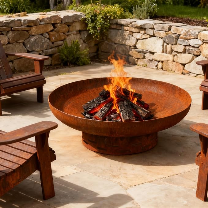KOL 35" Dia. Heavy-Duty Fire Pit - Pre-Rusted Corten Steel Round Firepit Large Fire Bowl with Stand - Weathering Steel Wood Burning Fireplaces for Outside Backyard Deck Party Bonfire