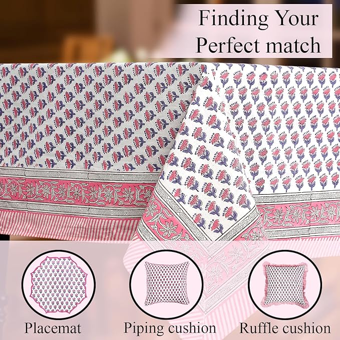 CPC Tablecloth 100% Cotton 70x118 Inch Indian Block Print Rectangle Table Cover, Table Cloth for Weddings, Spring/Summer, Barbeque -Pink Sapphire