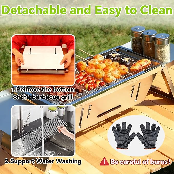 Foldable Small Charcoal Grill, Portable Stainless Steel Charcoal Grill, Tabletop Yakitori Grill for Outdoor Cooking, Travel Camping, BBQ, Tailgating, Picnics, High-Temp Resistant for 2-3 People